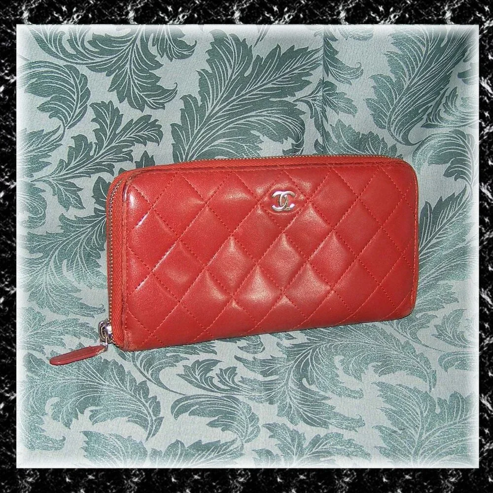CHANEL Dark Red Lambskin Quilted Leather Wallet